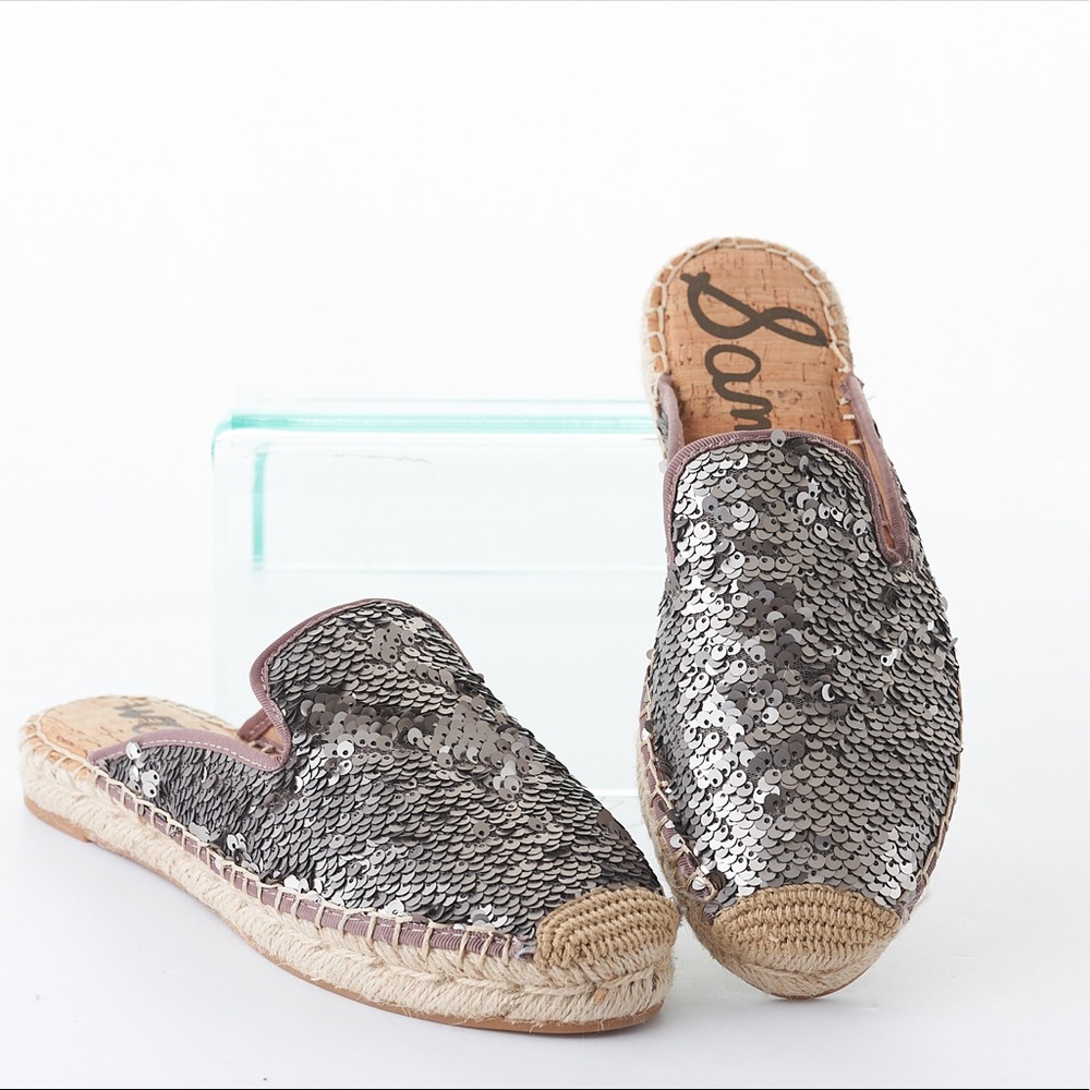Sam Edelman Kerry Pewter Matte Sequin Slip On Mule Slip-on Round-toe silhouette.